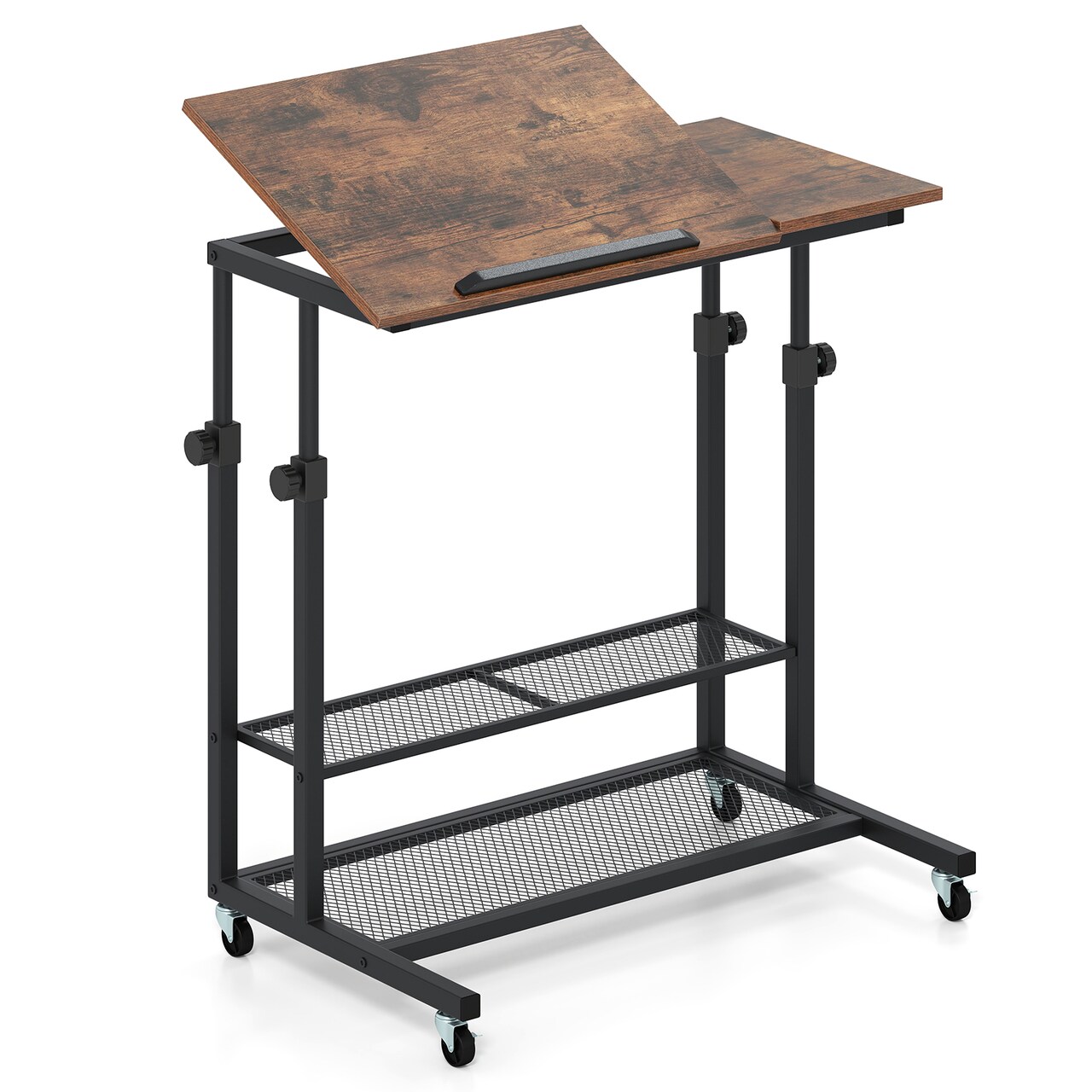 Adjustable Standing Desk with Tilt Top Rolling Laptop Table and Shelves for Home Office Use
